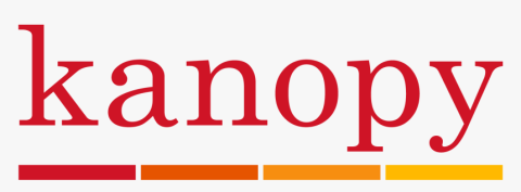 kanopy in red font with red, orange, and yellow lines underneath